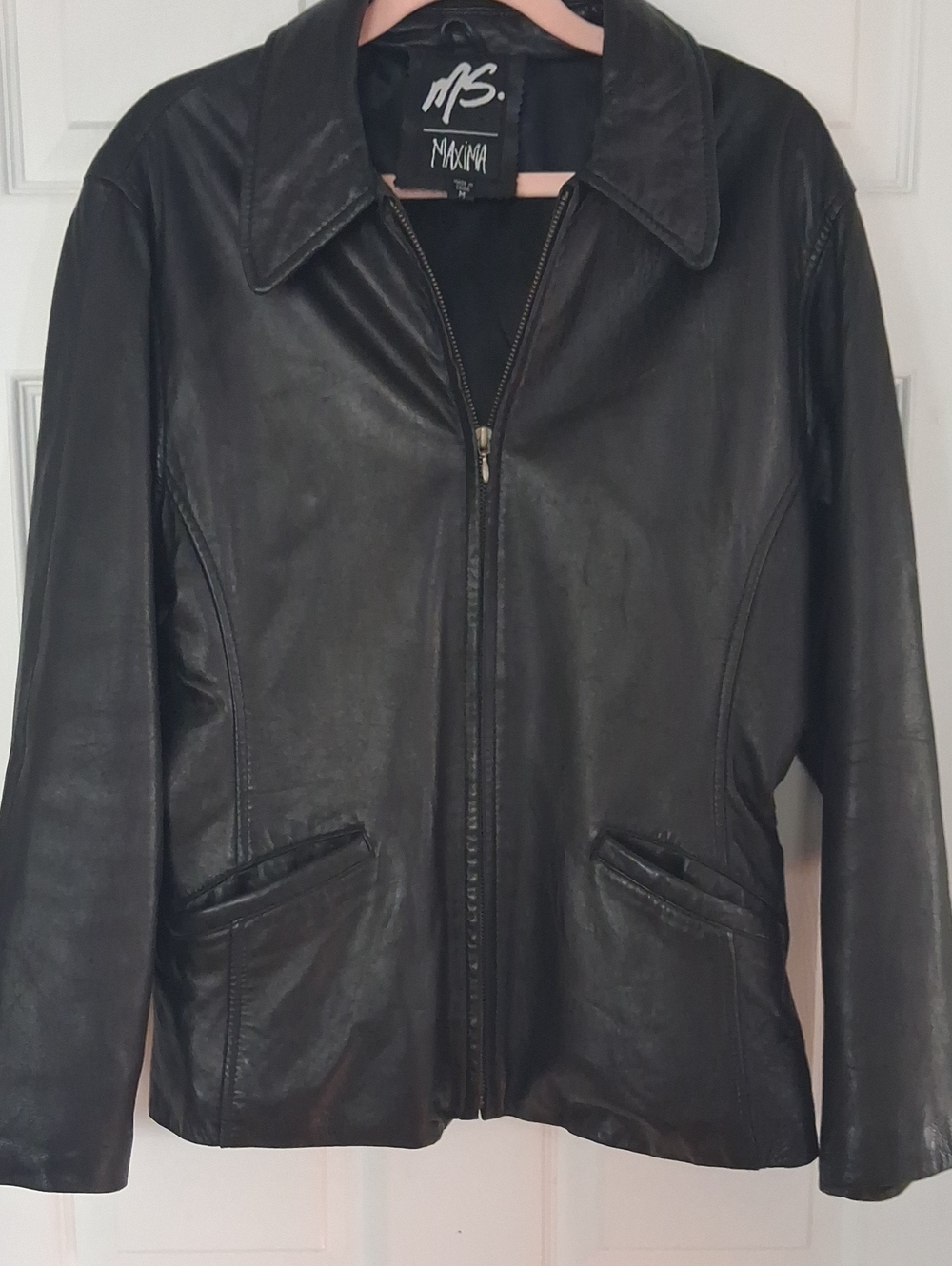 Maxima Black Leather Zip Jacket with Classic Collar